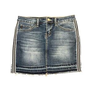 Denim Skirt With Black & White Stripe Ribbon